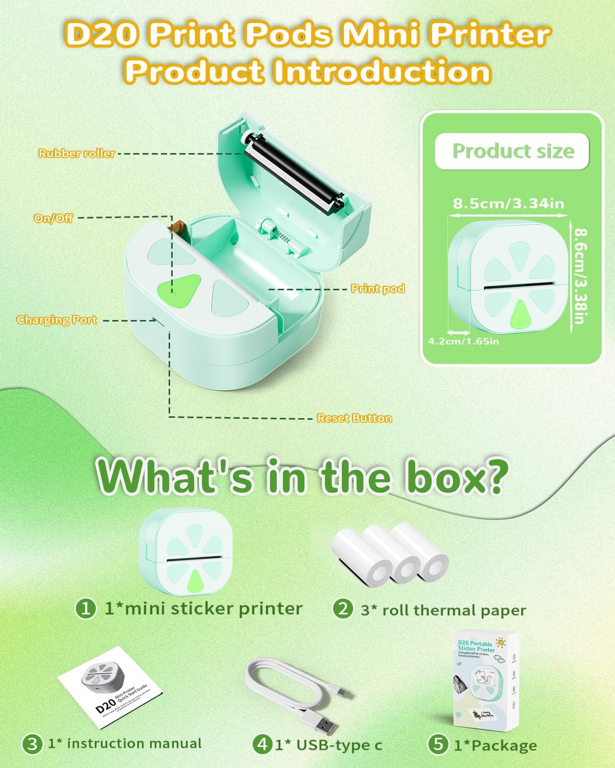 Sticker Printer, Print Pods Mini Printer, Bluetooth Thermal Sticker Maker Machine with 3 Rolls Paper, Print Pod Mini Printers for iPhone