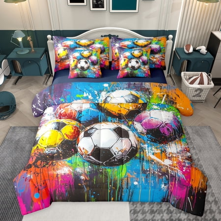 Feelyou Cartoon Football Print Twin Bedding Sets 7-Piece Fashion Splatter Artwork Bedding Comforter Set Teens Kids Girls Boys Reversible Sheet Sets Lightweight Room Decor