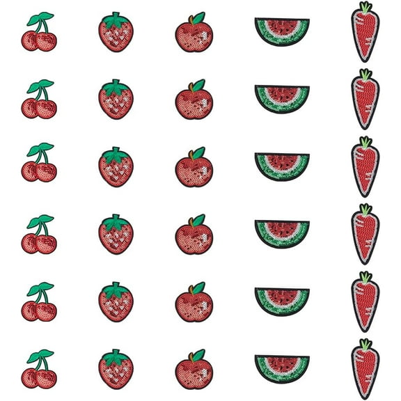 30Pcs 5 Styles Fruit Theme Sew Iron On Embroidered Patches Sequin Patches Strawberries Iron On Patches Costume Accessories for Jackets Jeans Backpacks Clothes