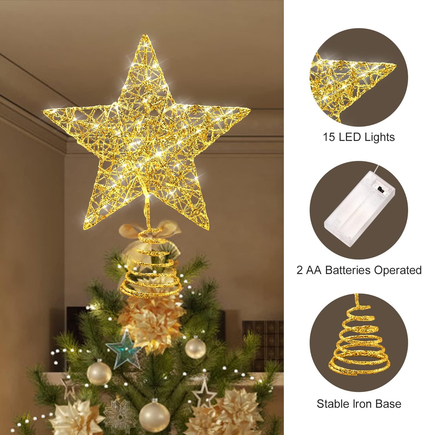 Qoosea Gold Glitter Star Christmas Tree Topper 10 Inch photo 2