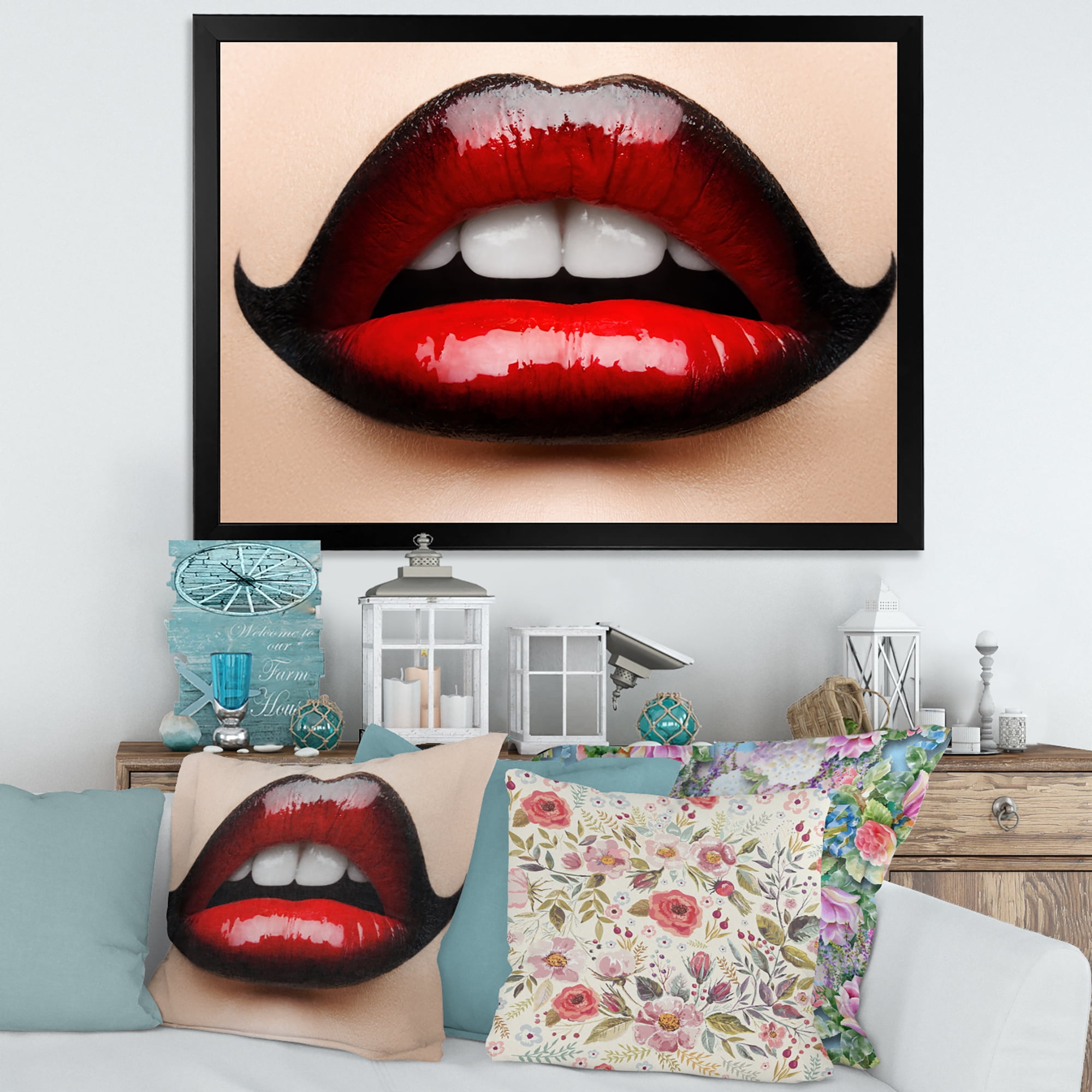 Designart 'Woman Lips With Red and Black Lipstick' Modern Framed Art Print