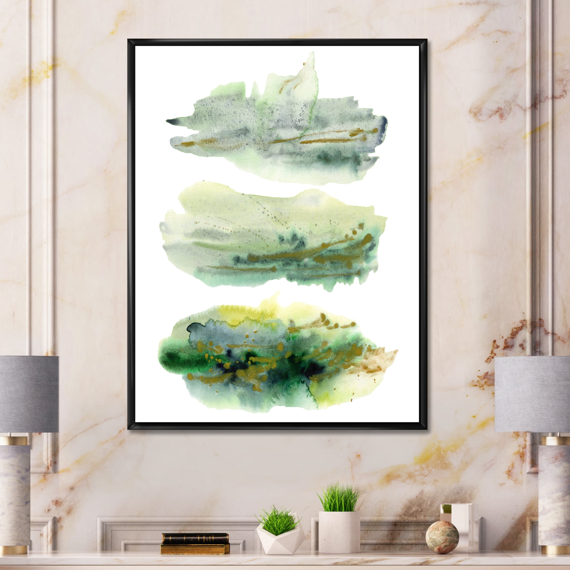 Designart 'Golden Green Abstract Clouds II' Modern Framed Canvas Wall Art Print