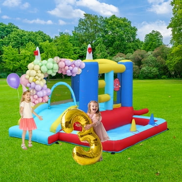 UBesGoo Bounce House, Inflatable Bounce Castle with Blower for Kids 3-10, Outdoor Indoor Bouncy House for Park Backyard with Slide, Sticky Ball Target, Basketball Hoop (120" x 104" x 72")