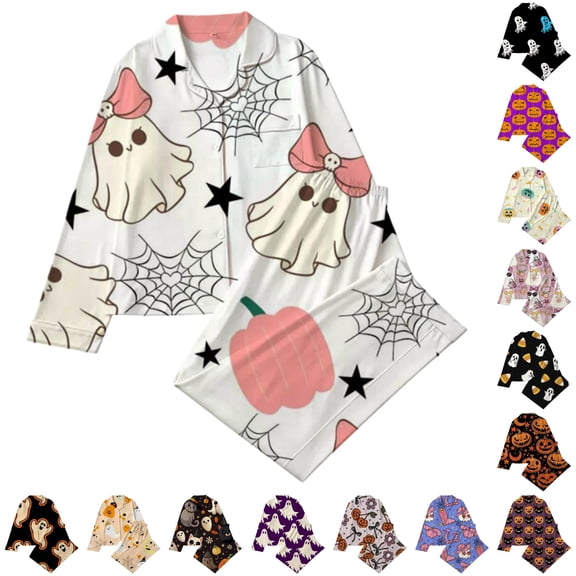 JAJAHO Girls Pajamas Sets Halloween Sleepwear Sizes 3-14 Button Down Long Sleeve Shirts Pants 2 Piece Set