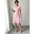 thumbnail image 6 of Pink Floral Embroidered Puff Sleeve Ruffle Hem Midi Fit & Flare Dress, 6 of 30