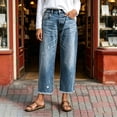 thumbnail image 4 of CLOISE Denim Pants for Women with Pockets Mid Waist Straight Leg Cropped Denim Pants Solid Baggy Casual Outfits Blue S, 4 of 8