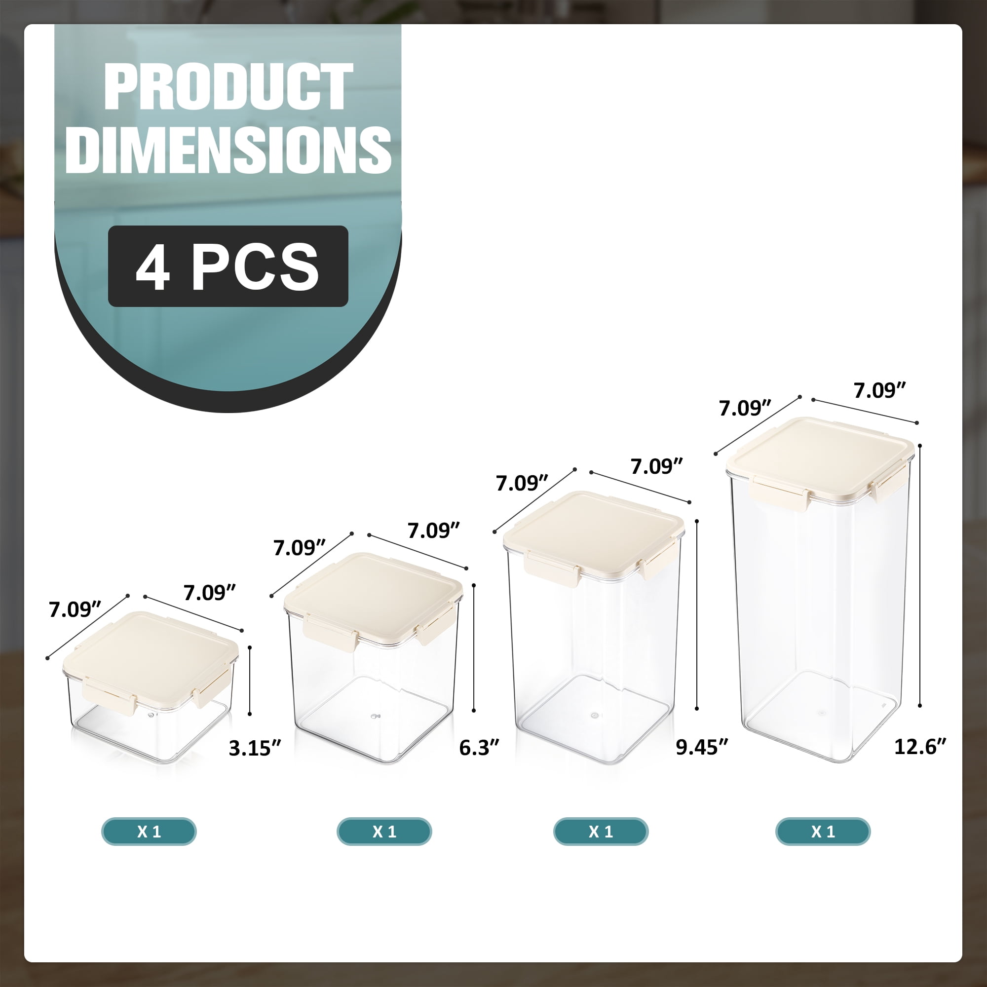 Sorbus 4-Pack Clear Square Airtight Food Storage Containers – Assorted Sizes Pantry Organizer