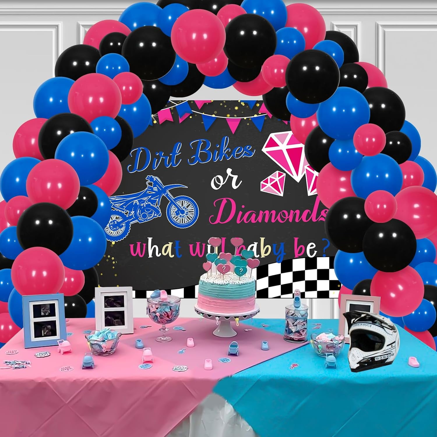 Dirt Bikes or Diamonds Boy or Girl Gender Reveal Decor with What Will Baby Be Backdrop Banner Dirt Bikes or Diamonds Pink Blue Gender Reveal Balloon Arch Kit for He or She Baby Shower