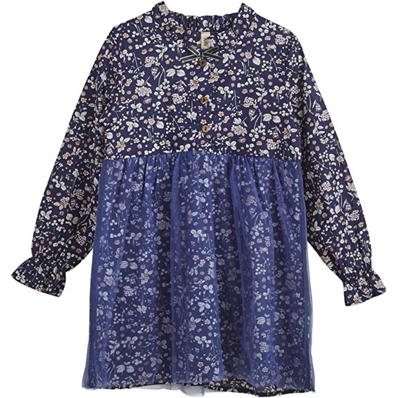 ContiKids Little Girls Navy Floral Long Sleeve Dresses Mesh Lace Overlay Flower Pattern Dress 2-3 Years