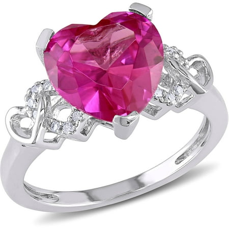 4-1/5 Carat T.G.W. Created Pink Sapphire and Diamond-Accent Sterling Silver Heart Ring