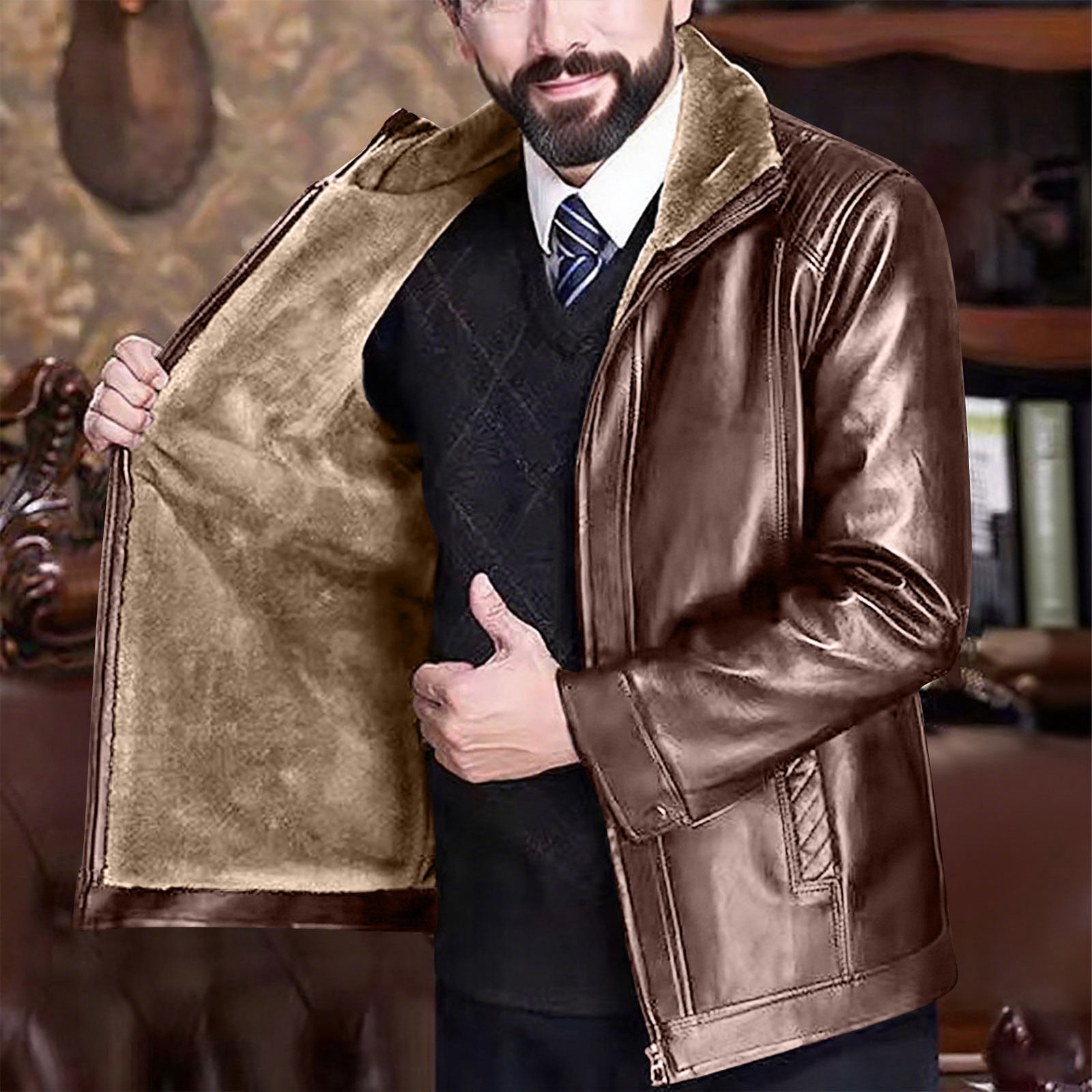 LWITHSZG Faux Leather Jacket Men Motorcycle Trendy Winter Coats Long Sleeve Going Out Tops Thickened Warm Fleece Lined Casual Outerwear with Pockets