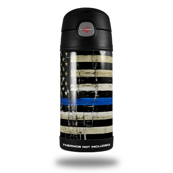 Skin Decal Wrap for Thermos Funtainer 12oz Bottle Painted Faded Cracked Blue Line Stripe USA American Flag (BOTTLE NOT INCLUDED) by WraptorSkinz