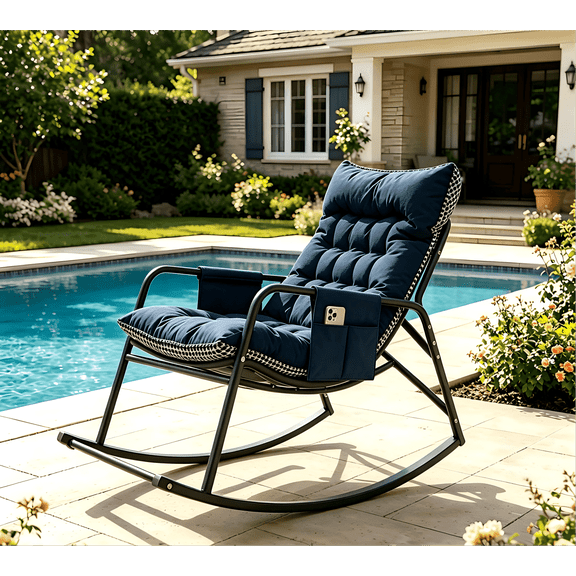 Firmoz Navy Oversized Papasan Rocking Chair, Cushioned Ergonomic with Storage Armrest, All-Weather Breathable for Patio, Living Room, Bedroom