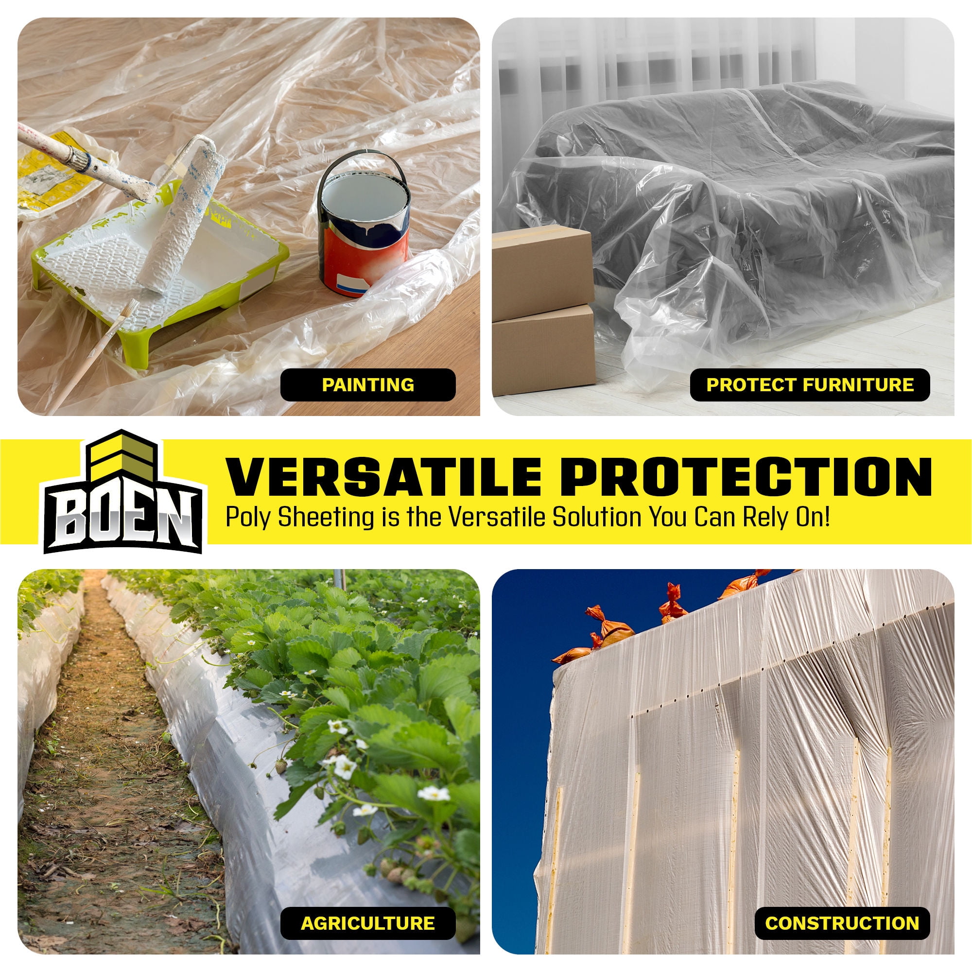 Boen FR Clear Poly Sheeting 10' x 100' 4 Mil Fire-Retardant Plastic, Vapor Barrier for Crawl Space & Slab, Commercial Dust / Negative-Air Containment