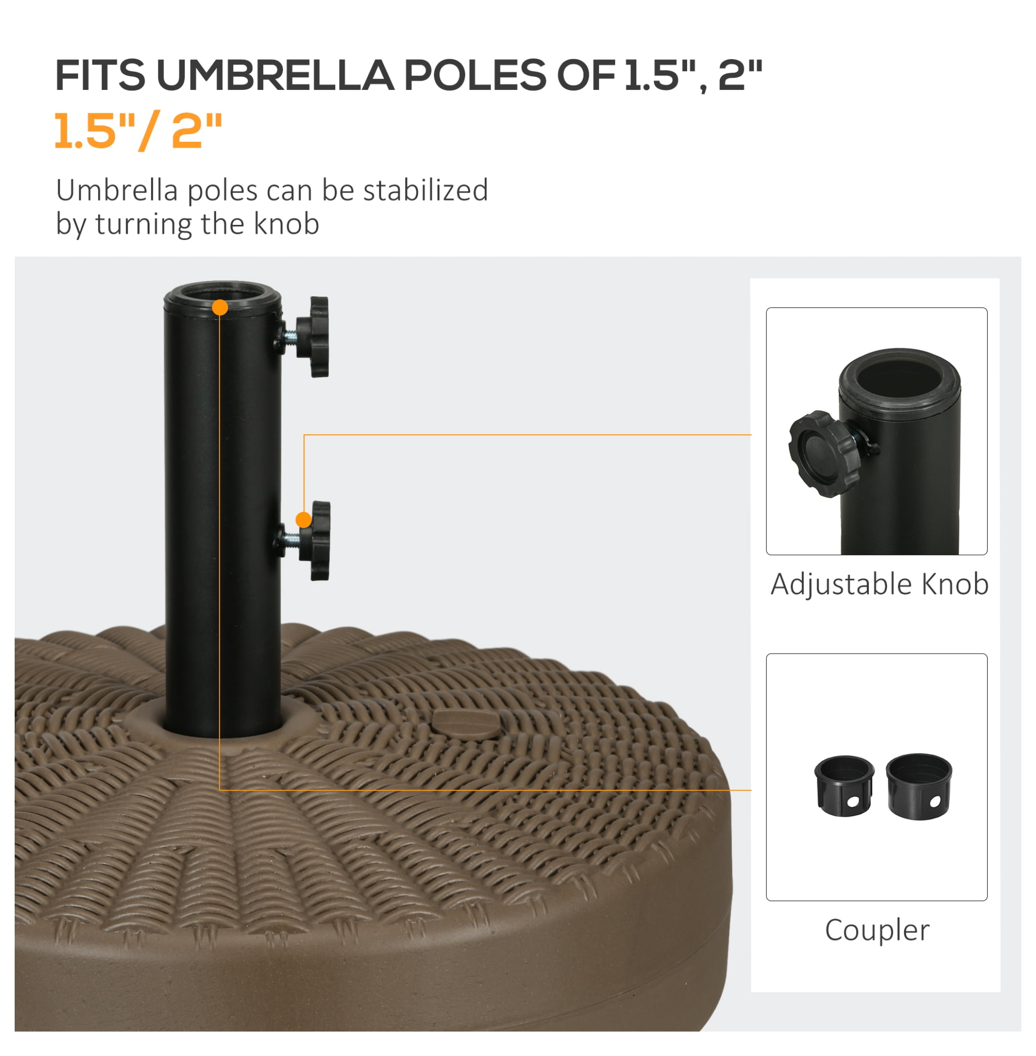 Umbrella Stand for 1.5" or 2" Umbrella Poles, Round Fillable Umbrella Base for Outdoor, Lawn, Deck, Brown