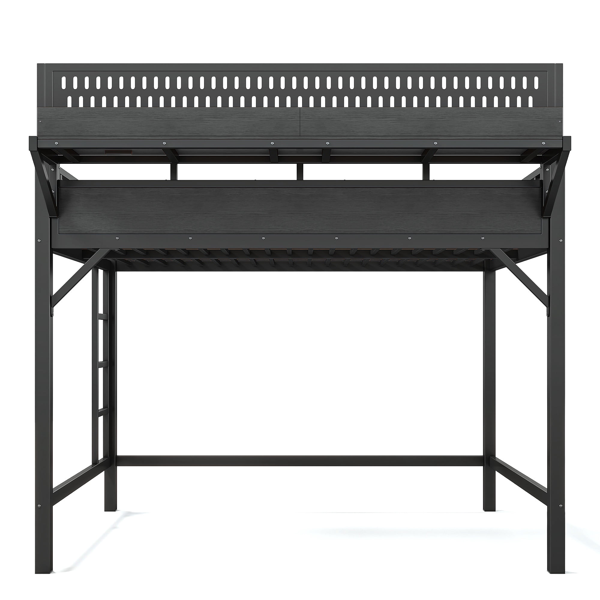 Leumius Queen Size Loft Bed with Storage Shelves and Pegboard,Metal Loft Bed Frame with USB Ports and LED Lights,Black