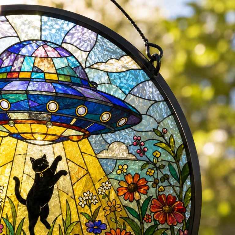 Stained Glass Black Cat UFO Suncatcher, Celestial Alien Window Hanging ...
