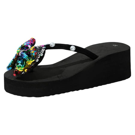 

Women Sandals Fashionable New Pattern Bow Sequin Wedge Open Toe Breathable Lightweight Comfortable Summer Slippers