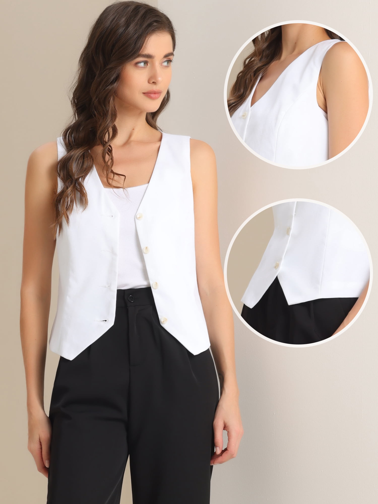 DARING DIVA Women's Button Down Sleeveless V Neck Crop Top Summer Vest S Cream White