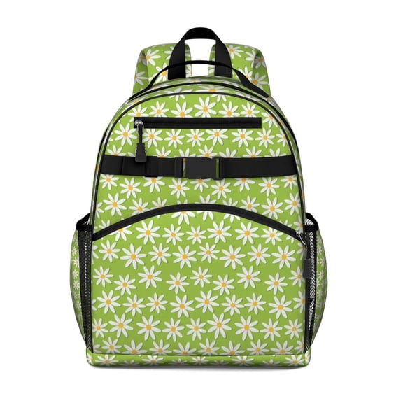 Green Daisy Flower Pattern Backpack for School,Cute School Bag,Schoolbag with Adjustable Shoulder Straps & Padded Back,15.25"x11.5"x5.25"