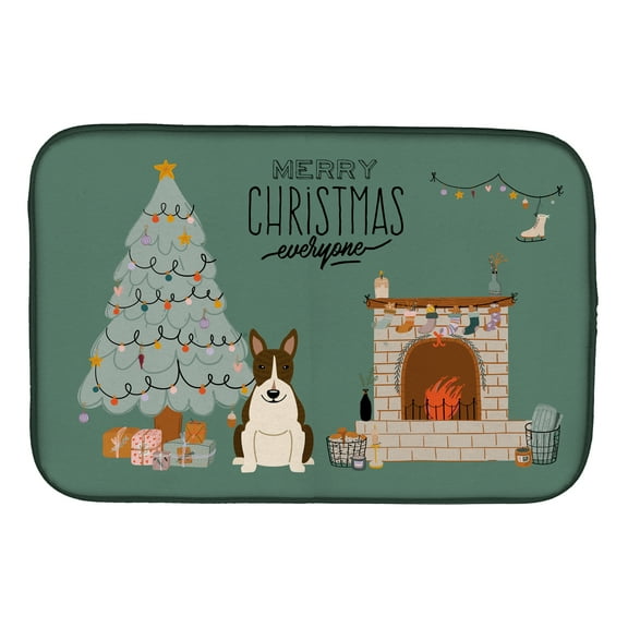 Dark Brindle Bull Terrier Christmas Everyone Dish Drying Mat