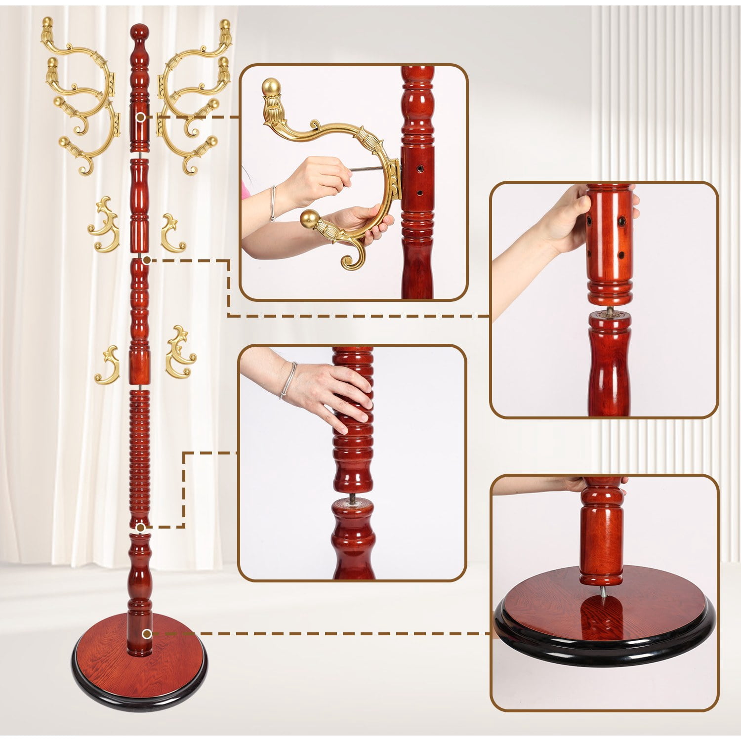 Freestanding Wooden Coat Rack, Vintage Natural Birch Wood Coat Tree with Hooks, Sturdy Hall Tree for Entryway & Office