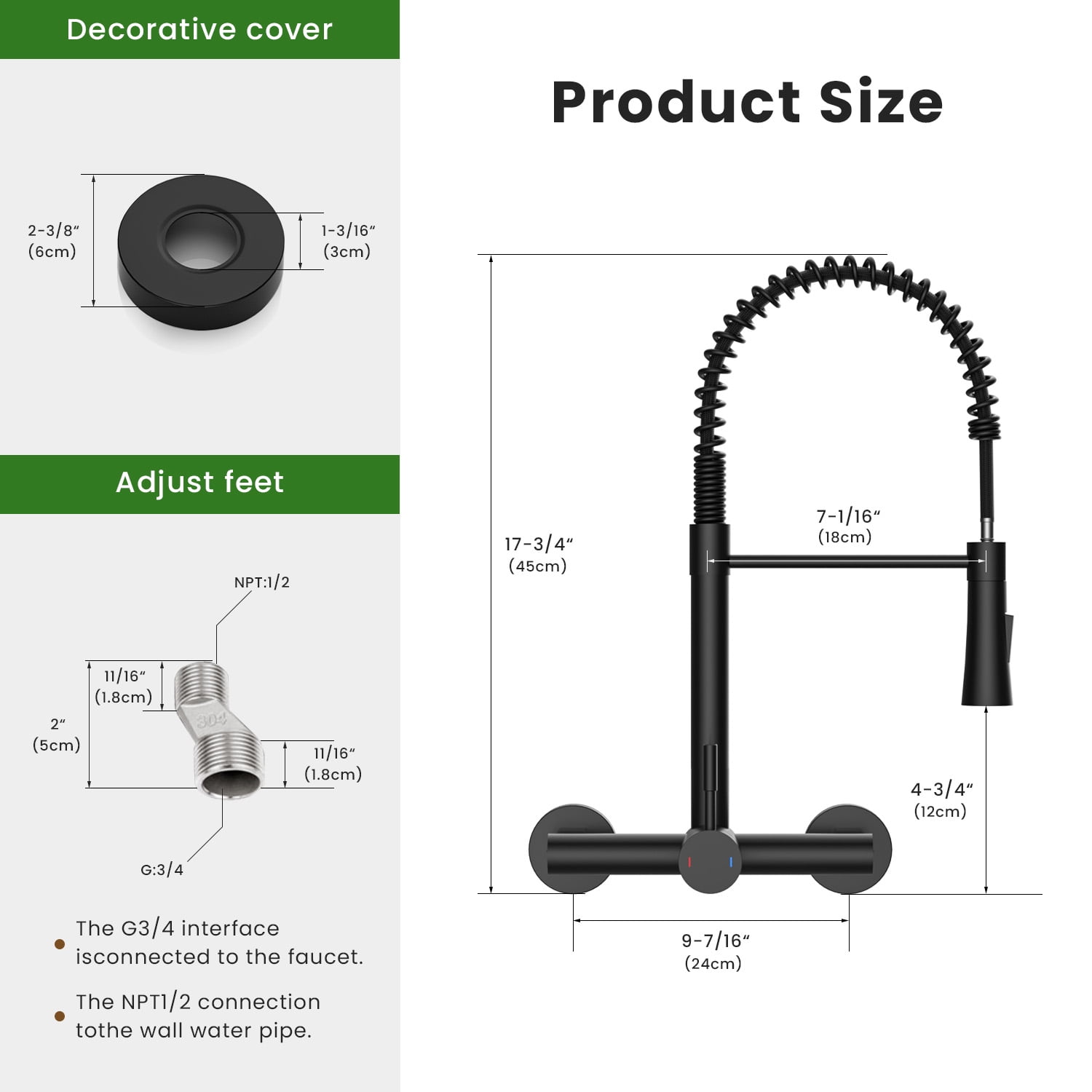 Wall Mount Kitchen Faucet Single Handles, 8 Inch Center Wall Commercial Utility Sink Faucet with Pull Out Sprayer 2 Modes, Stainless Steel, Matte Black