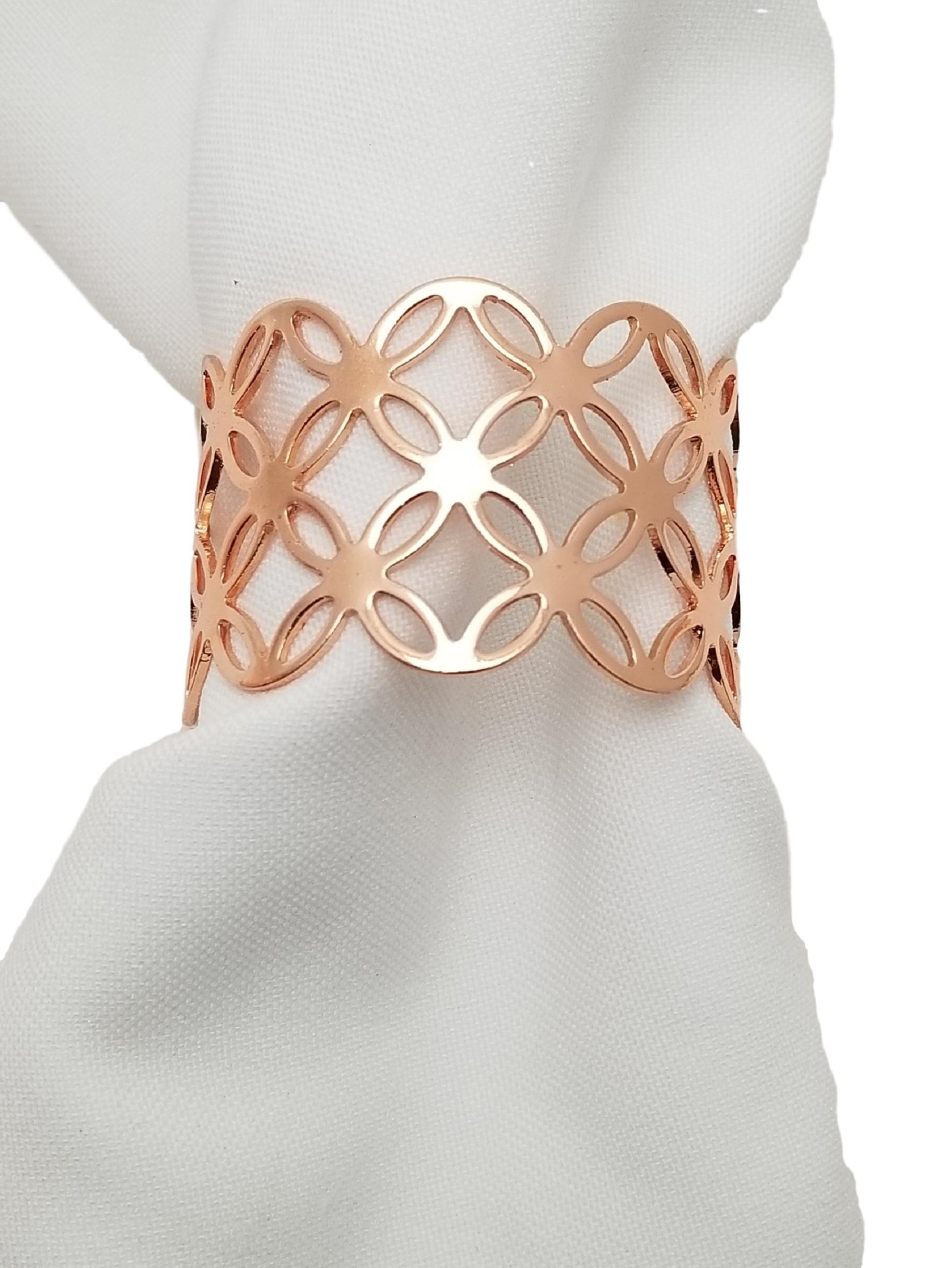 Rose Gold metal napkin rings diamond / circle design 6 pieces 1.75