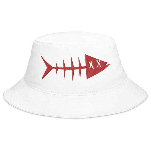 Clishirt Adult Unisex Embroidered Red Fish Cotton White Bucket Hat
