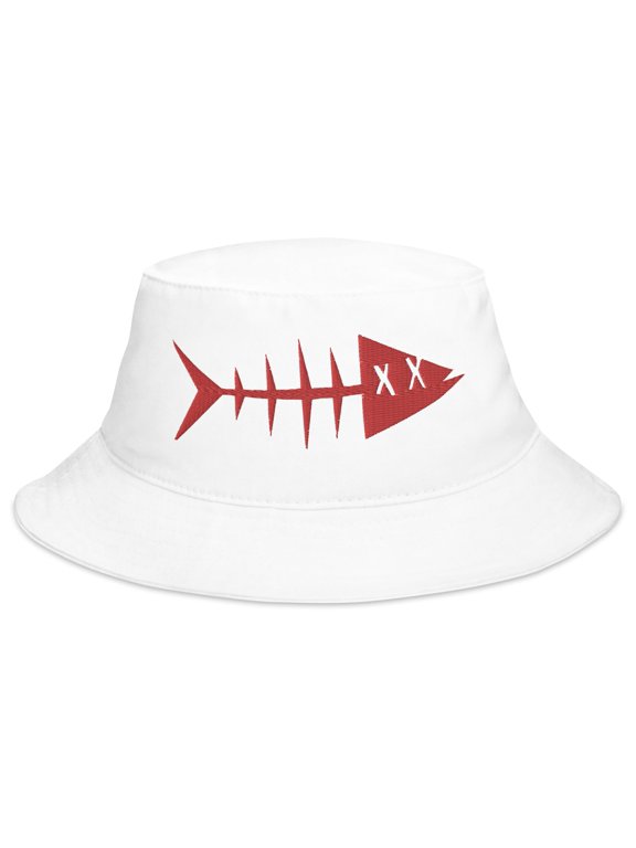 Adult Unisex Embroidered Red Fish Cotton White Bucket Hat