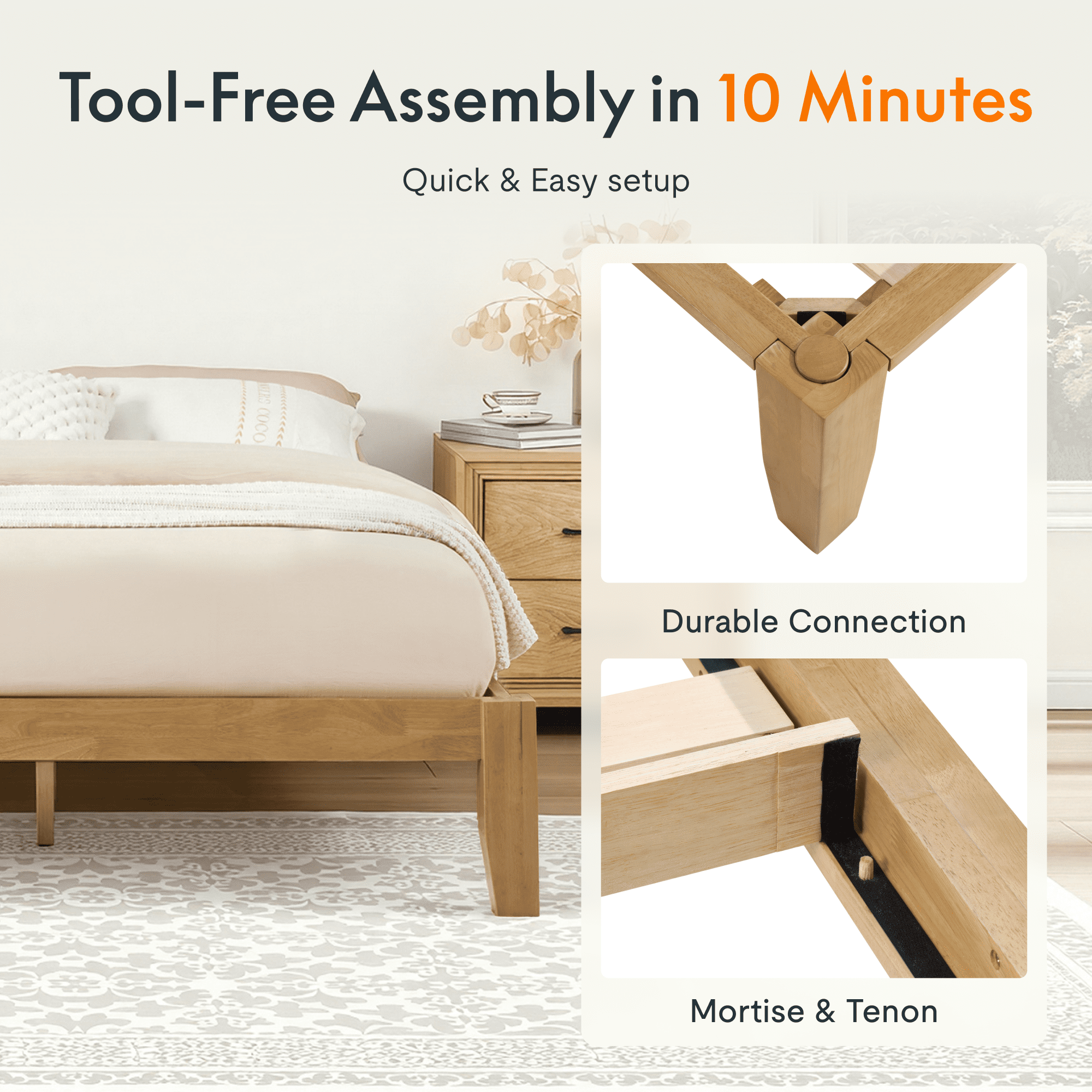 FLEXISPOT King Japanese Joinery Bed Frame, Solid Rubberwood, 1200 lbs Heavy Duty Slats Support, FSC & SGS Certified, 15Min No-Tool Setup, Under-Bed Storage, No Box Spring Needed, Noise-Free, Maple