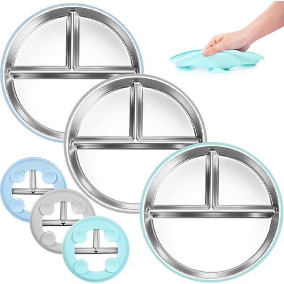 CLEANCOOLStainless Steel Toddler Plates Silicone Suction,3 Packs Non-Slip Baby Plates,Divided Portion,Food-Grade Silicone Plate for Kids,LEAD-FREE Dishwasher Safe, Green Blue Pink