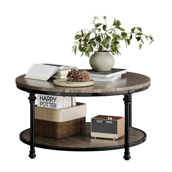 Rustic 2-Tier Round Coffee Table with Storage Shelf – Sturdy Roman Metal Frame – Easy Assembly – Modern Living Room Center Table, 30.5" – Small Wood Grain Brown