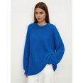 thumbnail image 6 of Women'S Crew Neck Sweater Long Sleeve Lantern Sleeve Hollow Knit Loose Casual Sweater Royal Blue M, 6 of 9