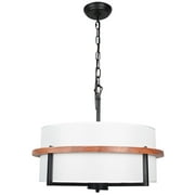 4-Light Drum Chandelier Pendant, Modern Dining Room Foyer Kitchen Island Farmhouse Lighting Fixture, White Fabric Shade, Black Painted Metal, Solid Wood E26 001