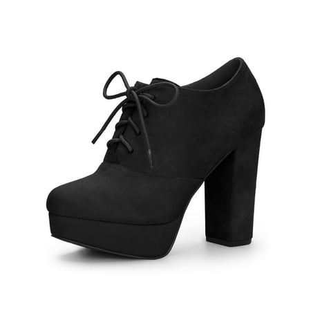 Women's Platform Block Heel Lace Up Ankle Boots Black (Size