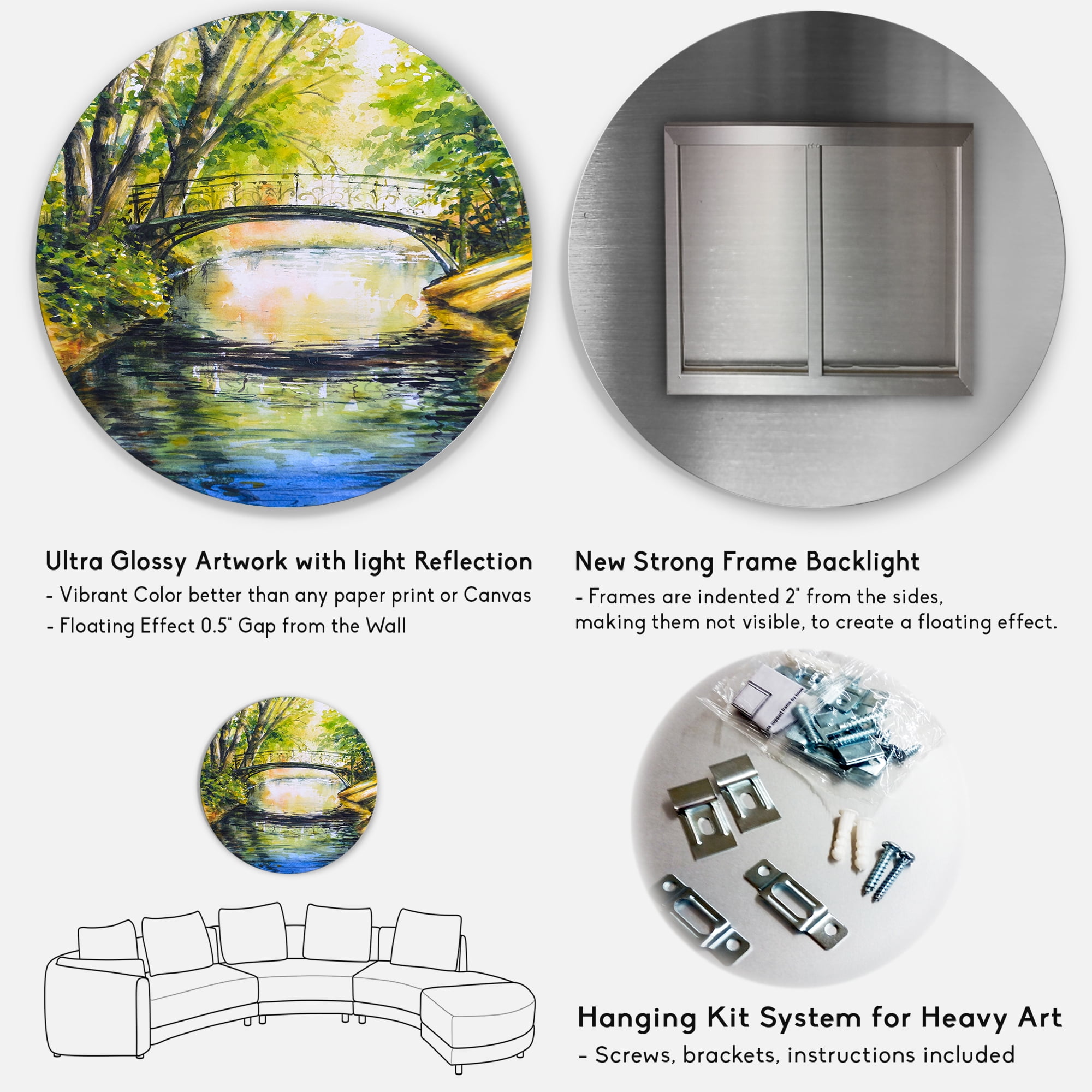 Designart 'Forest Park With Bridge Over Troubled Water' Lake House Circle Metal Wall Art 11x11 - Disc of 11