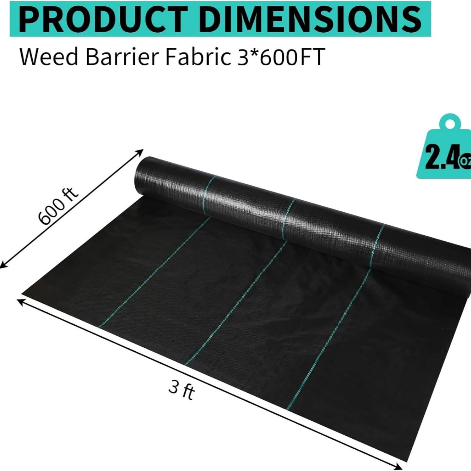 Riedhoff Weed Barrier Fabric 3' x 600', 2.4 oz, Black