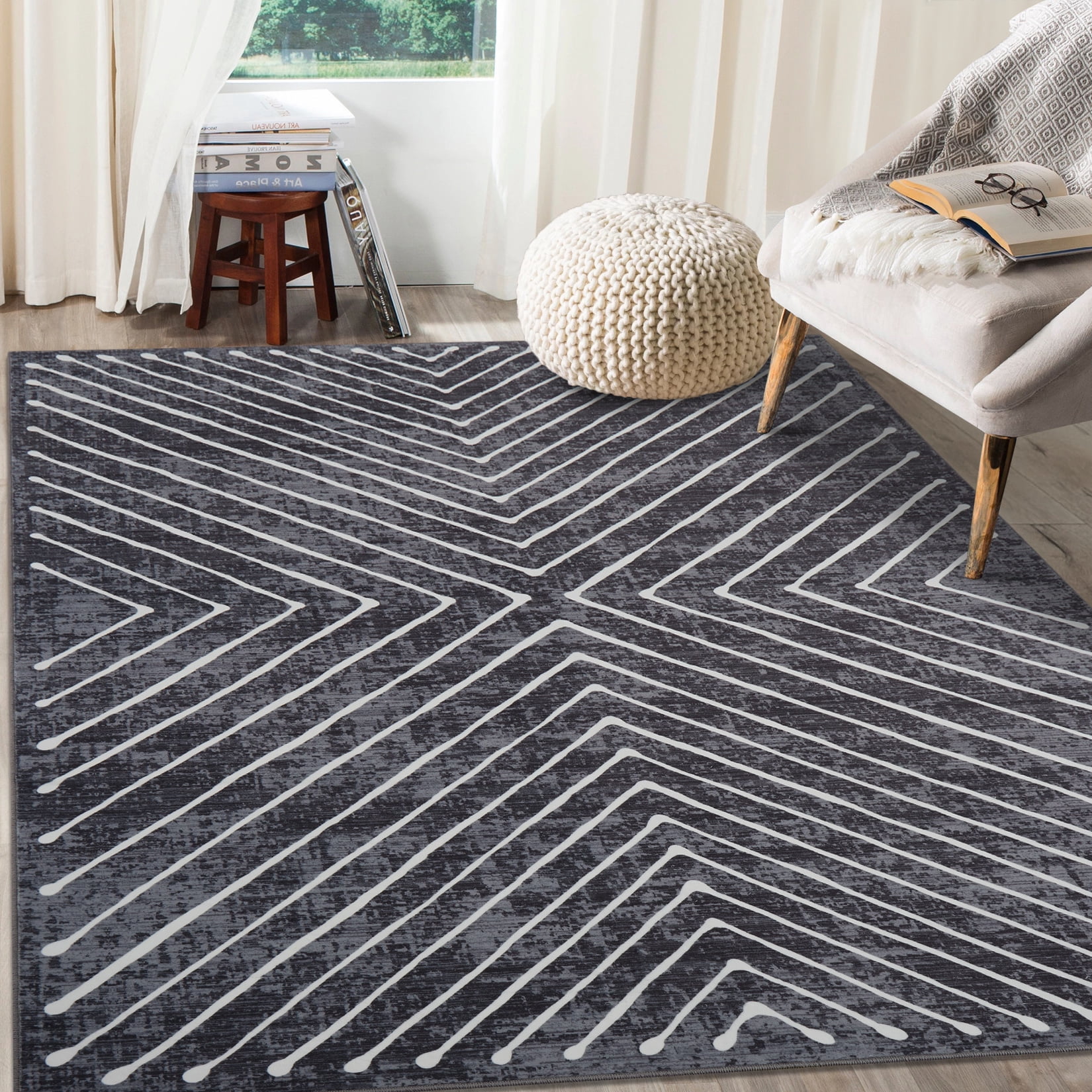 FairOnly 9'x12'Modern Area Rug with Symmetrical Fine Lines Machine Washable Low Pile Non-Slip Geometric Rugs for Living Room Bedroom，Dark Grey