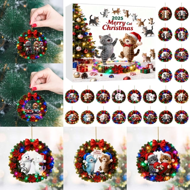 2025 Adorable 2D Wreath Cat Ornament Advent Calendar Featuring Festive Greetings and Realistic Printed Feline Designs for Holiday Countdown Celebration