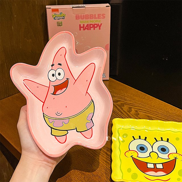 Plato de cerámica de Bob Esponja, vajilla de dibujos animados bonitos, plato de apariencia creativa para pareja, cuchara de arroz de acero inoxidable