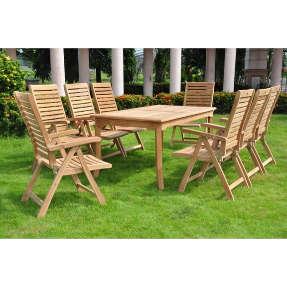 Teak Dining Set:8 Seater 9 Pc - 71" Rectangle Table And 8 Ashley Reclining Arm Chairs Outdoor Patio Grade-A Teak Wood WholesaleTeak #WMDSASc