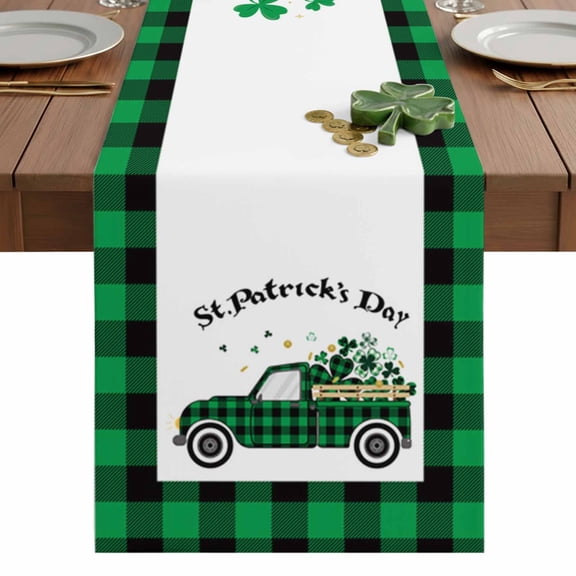 St. Patrick's Table Runner 14 x 72 Inch, Day Green Buffalo Plaid Lucky Shamrock Truck Washable Cotton Linen Dining Table Runner Tabletop Decorations for Restaurant Home Kitchen Party