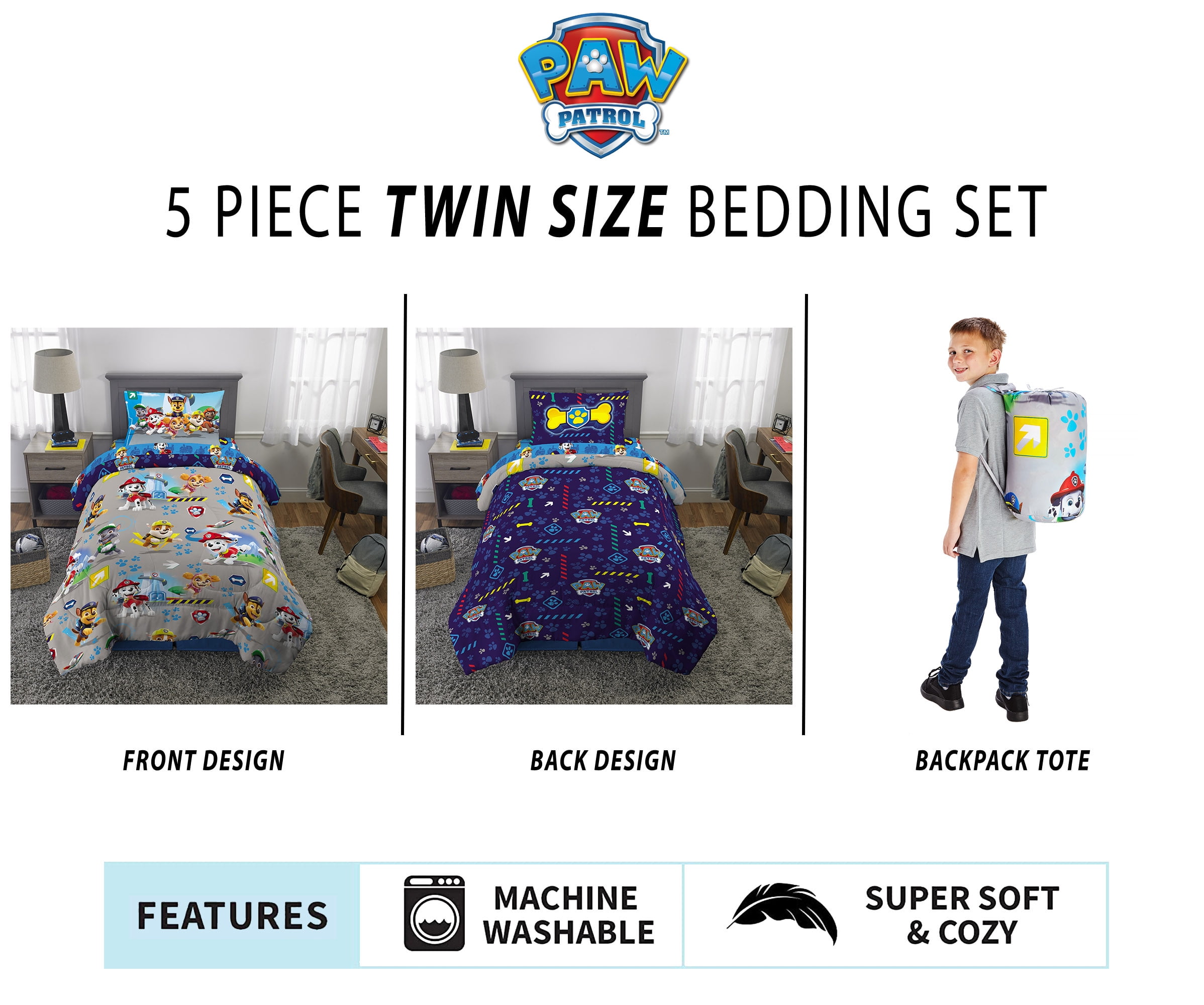 PAW Patrol Kids Twin Bed in a Bag, 5Pc Bedding Set, Comforter and Sheets with Bonus Tote