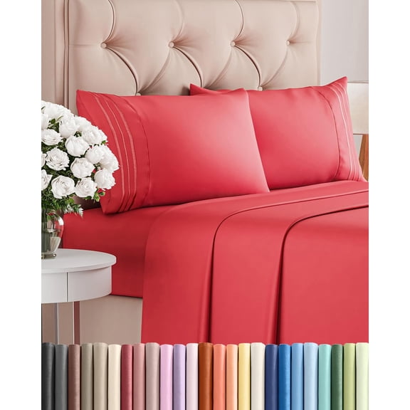 Queen Size 4 Piece Sheet Set in Red with Deep Pockets