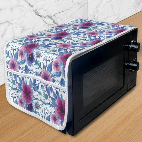 Spring Microwave Oven Cover, Romantic Watercolor Pattern with Nosegay Flowers Print, Water Resistant Organizer with Pockets for Kitchen, 36" x 12", Azure Blue Pink, by Ambesonne