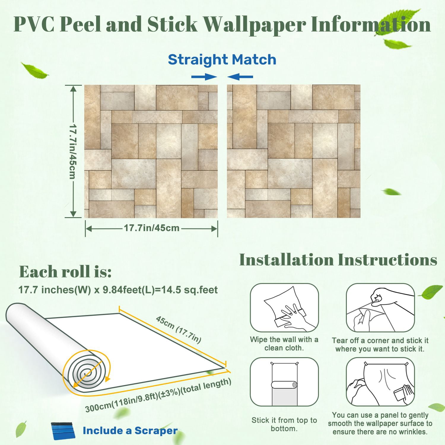 Peel and Stick Wallpaper Beige Cream Geometric Stone Tile Natural Texture 17.7in x 118in Contact Paper Removable Self Adhesive Wall Mural Wall Decor for Bedroom Kitchen Cabinets