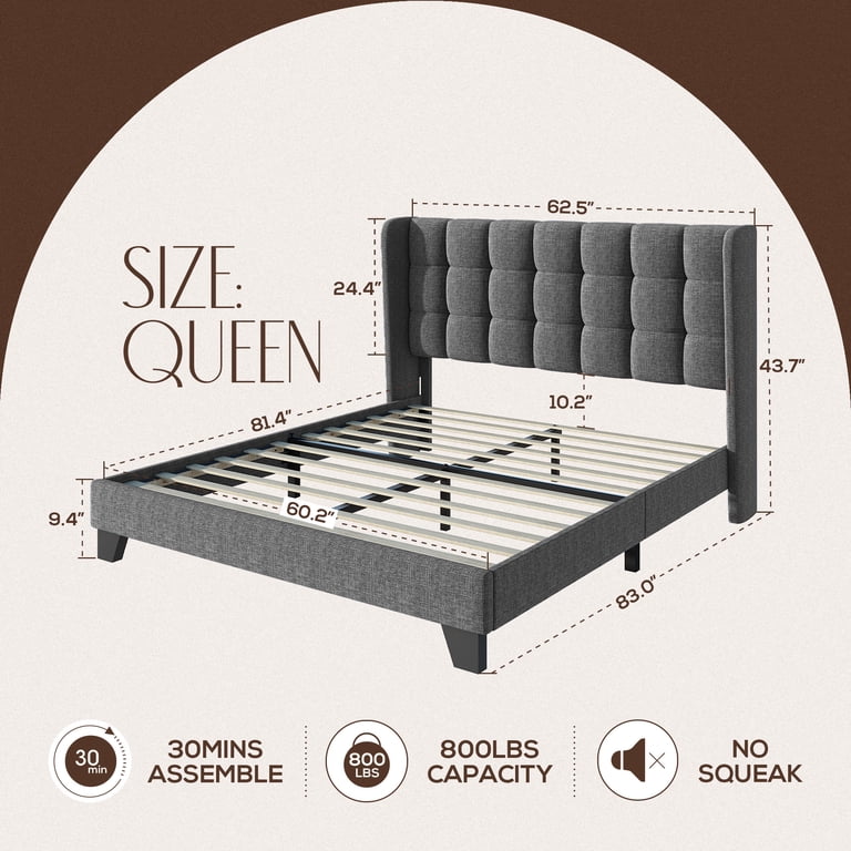 Koorlian Queen Size Velvet Platform Bed Frame With USB Ports & Storage Headboard - No Box Spring Needed, Grey