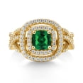 thumbnail image 2 of Gem Stone King 18K Yellow Gold Plated Silver Green Nano Emerald and White Moissanite Ring for Women (1.91 Cttw, Gemstone Birthstone, Cushion Cut 6MM, Available in Size 5, 6, 7, 8, 9), 2 of 4