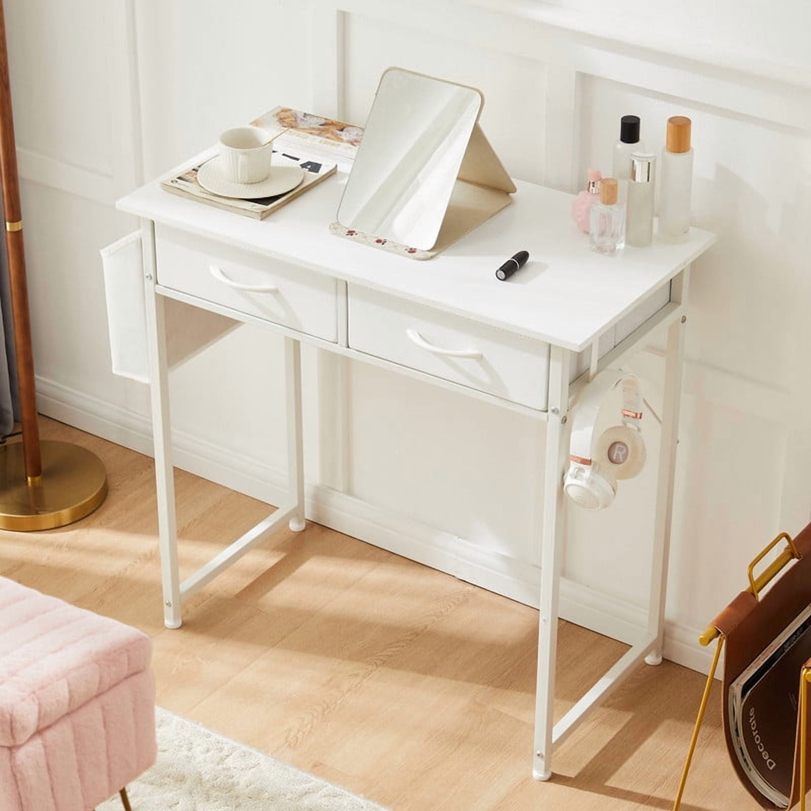 Gianna 32 Inch Desk with 2 Drawers Home Office Computer PC Table with Fabric Storage Bag, Study Writing Wood Deskboard for Small Spaces,White